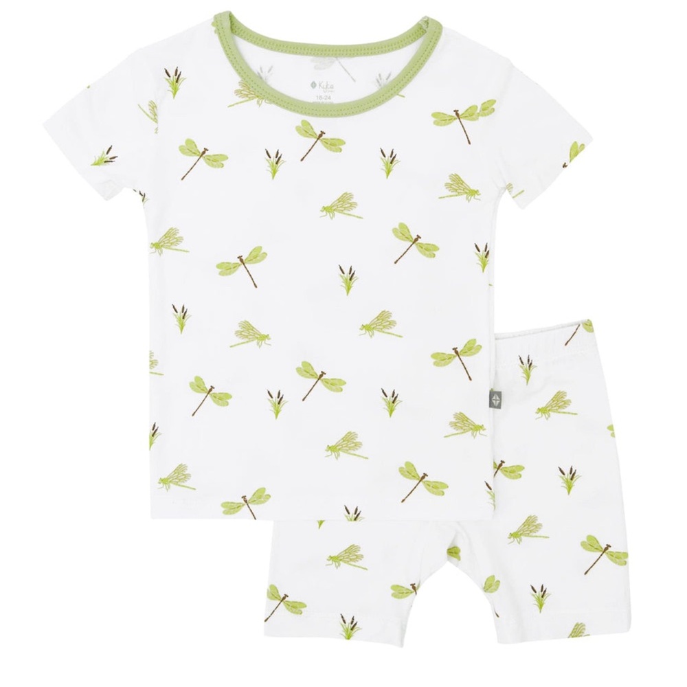 Kyte BABY White Pajama Set with Green Dragonfly Print